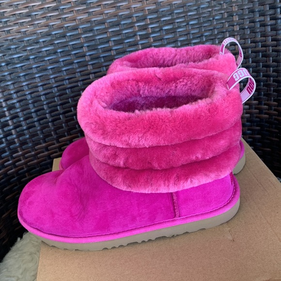 UGG Fluff Mini Quilted 1103612K Boys Fuchsia Pink Suede/Sheepskin Boots - Picture 6 of 16